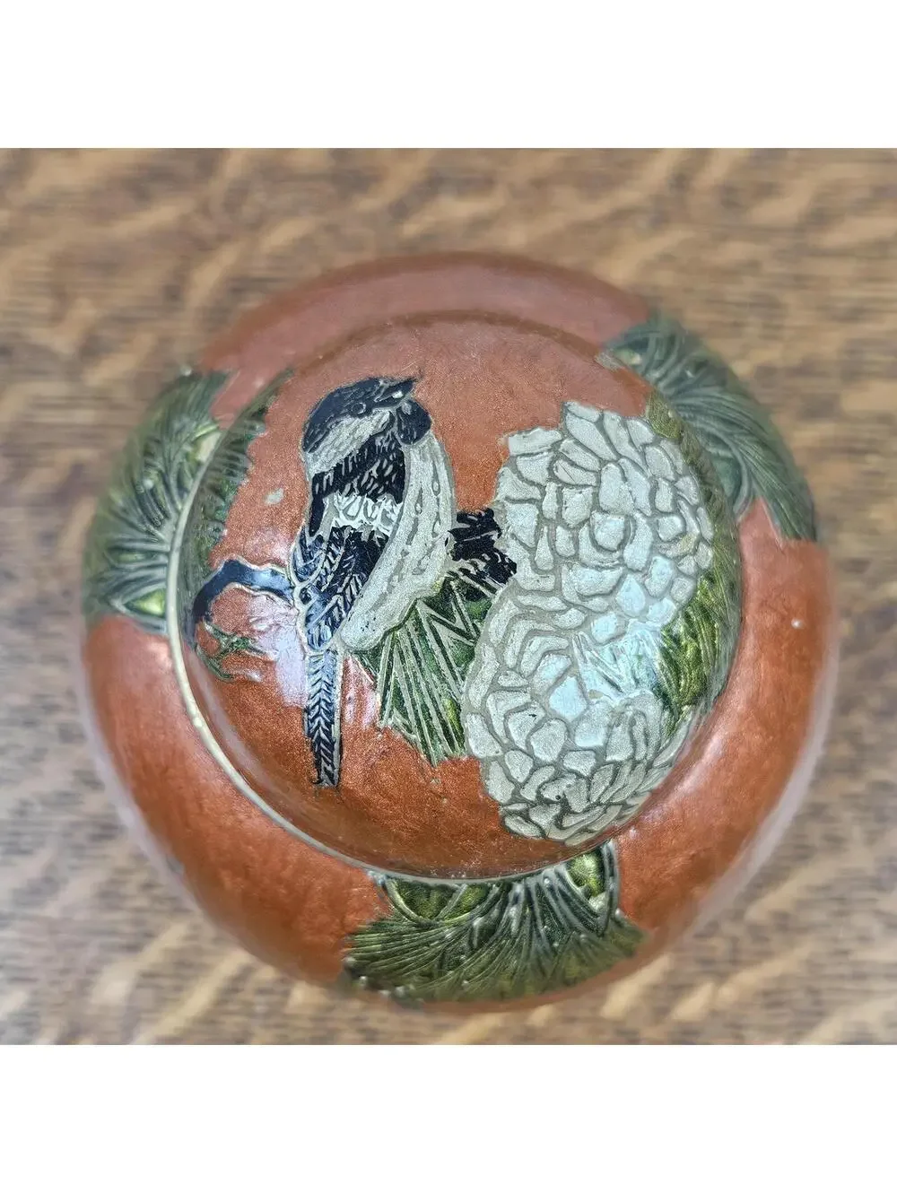 Vintage Brass Lidded Trinket Jar Bird Pine Cone Decor Made in India